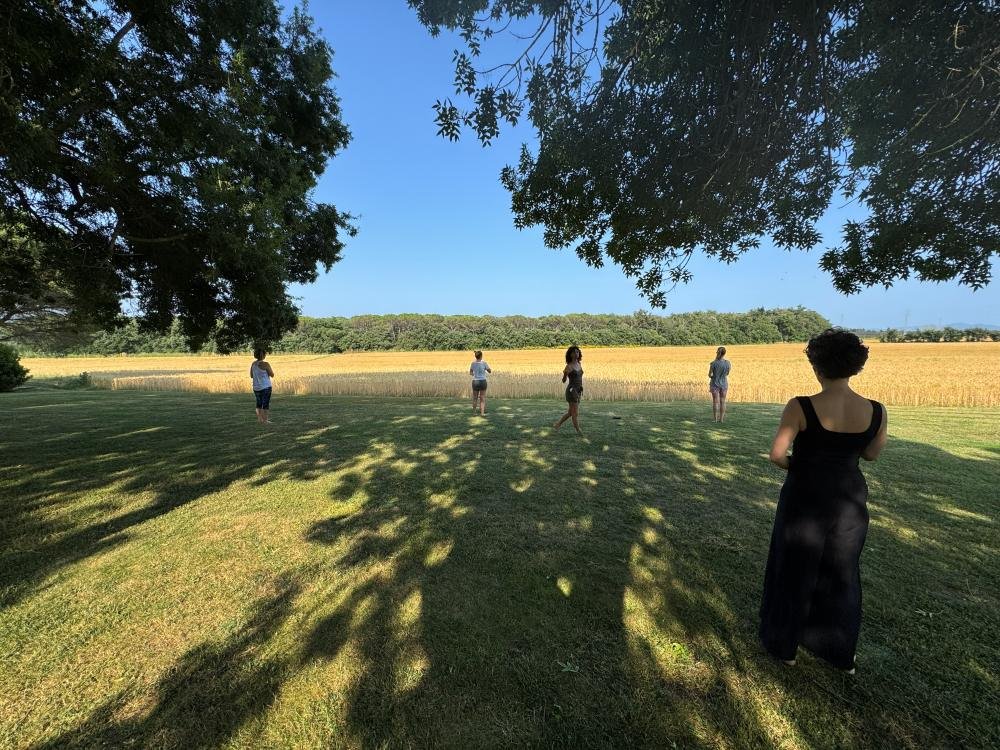Grupo al atardecer en un campo de trigo durante un retiro
